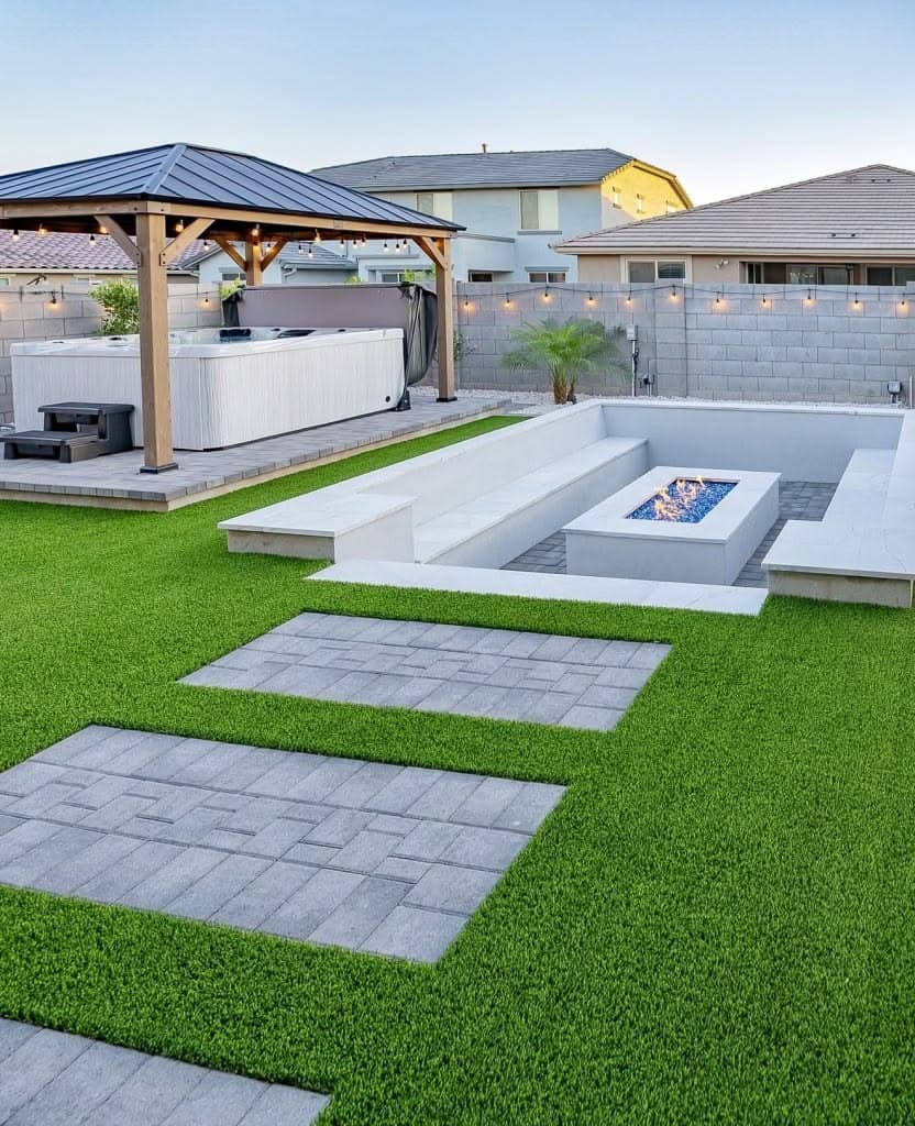 Backyard remodel with artificial turf, paver steps, built-in seating, and a fire pit, Palmdale CA