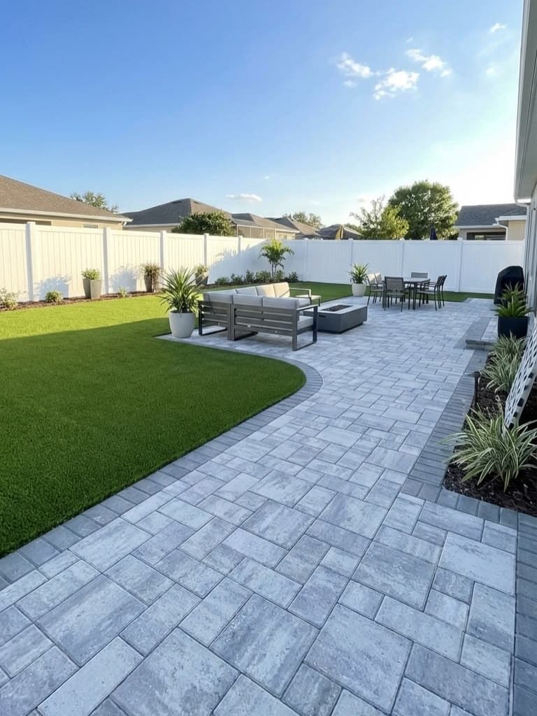 Paver patio walkway curving into artificial turf with a fountain wall