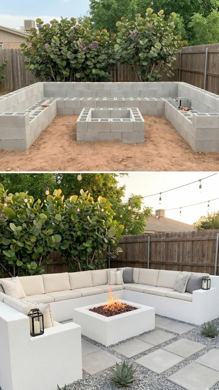 CMU block retaining and seat wall finished with a fire pit and built-in seating